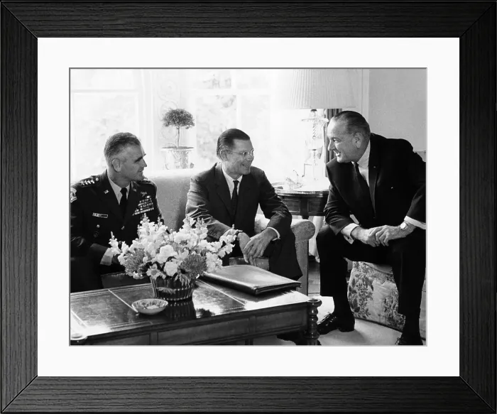 Framed Print : President Lyndon Johnson meeting with Gen. William Westmoreland and Defense Secretary Robert McNamara. They agreed that additional troops would be sent to Vietnam. Aug. 26, 1967