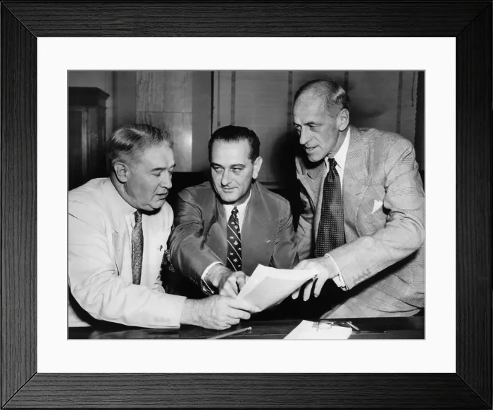 Framed Print : Senate Armed Services Committee introduces bill to extend all army enlistments by one year. L-R: Senators Lester Hint, Lyndon Johnson, and Chmn. Millard Tydings