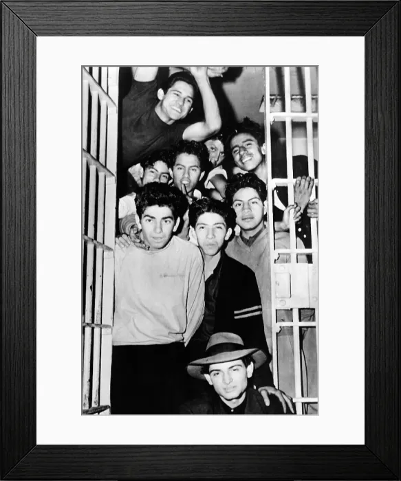 Framed Print : Zoot Suit Riots in Los Angeles. Youthful Zoot Suiters, all packed into a Los Angeles jail cell during the undeclared war between service me and Zoot Suiters. June 8, 1943 Framed Print : Zoot Suit Riots in Los Angeles. Youthful Zoot Suiters, all packed into a Los Angeles jail cell during the undeclared war between service me and Zoot Suiters. June 8, 1943