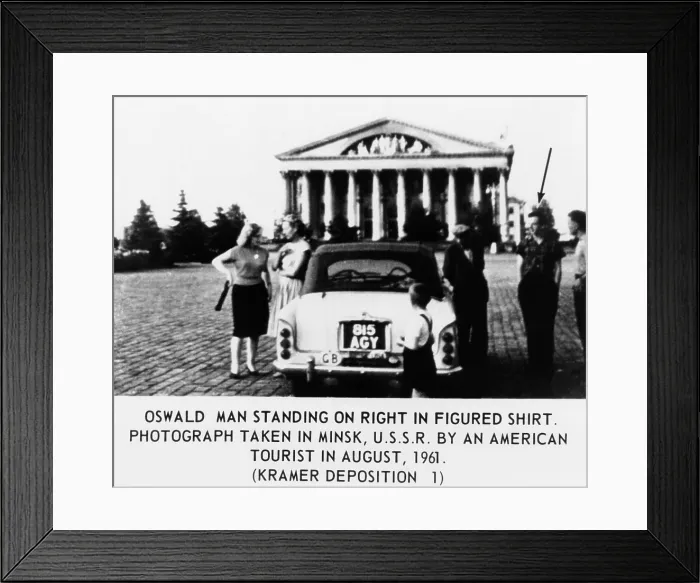 Framed Print : Warren Commission Exhibit. Lee Harvey Oswald (arrow) in Minsk, USSR, taken by an American tourist during the two and a half years of his defection to the Soviet Union