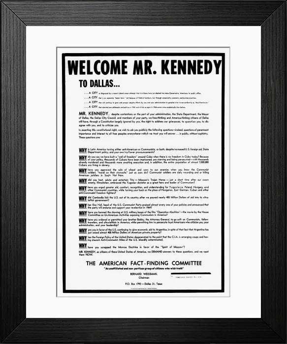 Framed Print : Warren Commission Exhibit. Right-wing anti-communist broadside posted during President John Kennedy's political trip to Texas in November 1963