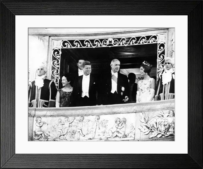 Framed Print : President and Jacqueline Kennedy at the Palace of Versailles. Madame Yvonne de Gaulle; Pres. John Kennedy; Pres