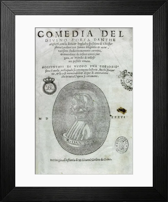 Framed Print : DANTE ALIGHIERI (1265-1321). Front page from an edition of 'The Divine Comedy' of 1806, it includes a portrait of Dante. Engraving. SPAIN. Madrid. National Library