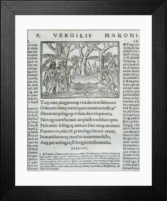 Framed Print : 'The Bucolics' by Virgil. Page with an illustration on the extraction of cork. Latin edition of 1529. Engraving. SPAIN. Madrid. National Library Framed Print : 'The Bucolics' by Virgil. Page with an illustration on the extraction of cork. Latin edition of 1529. Engraving. SPAIN. Madrid. National Library