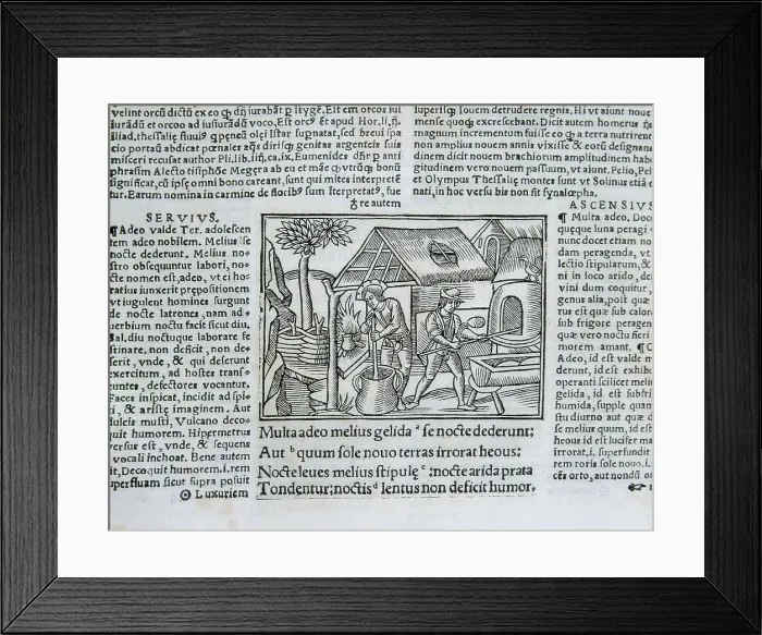 Framed Print : 'The Bucolics' by Virgil. Page with an illustration on the craftwork. Latin edition of 1529. Engraving. SPAIN. Madrid. National Library