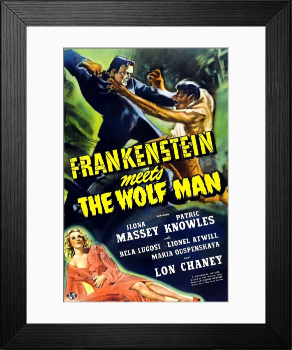 Framed Print : FRANKENSTEIN MEETS THE WOLF MAN, top from left: Bela Lugosi (or his stunt double, Gil Perkins) as Frankenstein's monster, Lon Chaney (aka Lon Chaney)