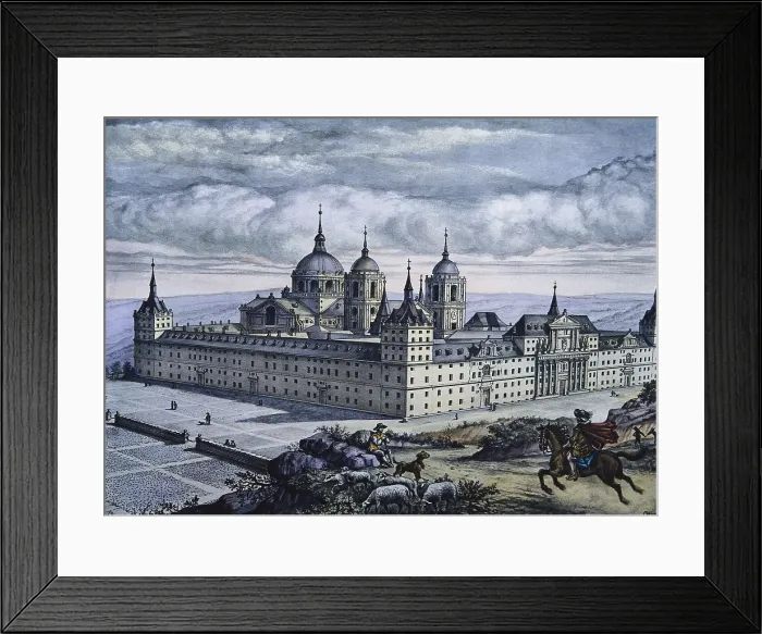 Framed Print : 'Royal Courier of the Court of Felipe II', lithography by Benedi (16th c.). Arrival of the courier to the Royal Monastery of El Escorial. Litography. SPAIN. Madrid