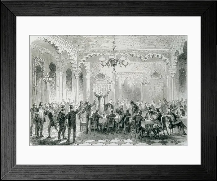 Framed Print : Spain (1868). Glorious Revolution. Permanent democratic meeting in the Caf de las Ramblas of Barcelona. Image published in 'L'Illustration. Journal Universel'