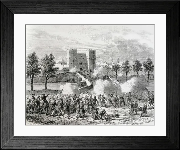 Framed Print : Spain (1868). Glorious Revolution. Attack of the government troops in the Serrans Gate in Valencia. Engraving from 'L'Illustration. Jorinal Universel'. Etching Framed Print : Spain (1868). Glorious Revolution. Attack of the government troops in the Serrans Gate in Valencia. Engraving from 'L'Illustration. Jorinal Universel'. Etching