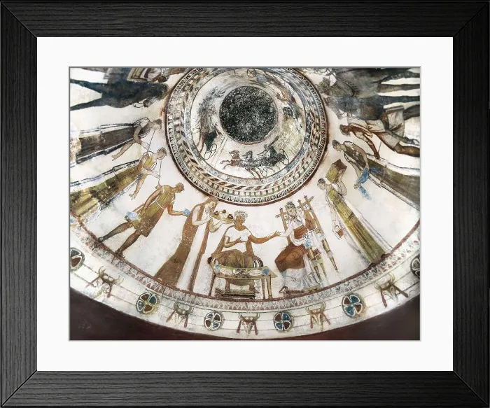 Framed Print : Thracian Tomb of Kazanlak. 310 -299 BC. BULGARIA. Kazanlak. Thracian Tomb of Kazanlak. Weds banquet, detail of the burial chamber's cupola. Thracian art. Fresco