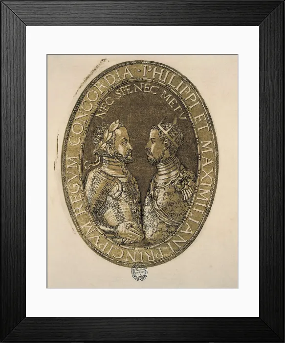 Framed Print : MAXIMILIAN II (1527-1576); PHILIP II of Spain (1527-1598). Portrait of Philip II with Maximilian, symbolizing the concord between both princes. Engraving. SPAIN. Madrid