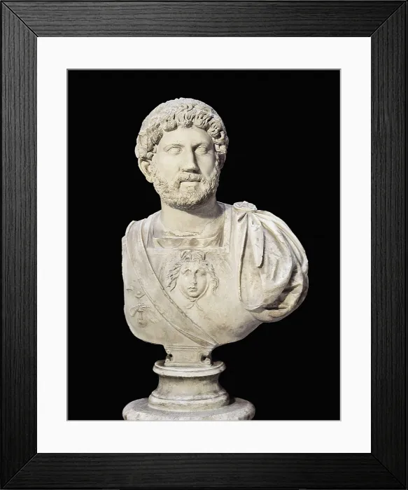 Framed Print : HADRIAN (76-138). Depiction in relief of Medusa's head in the centre of the cuirasse. Roman art. Early Empire. Sculpture on marble. SPAIN. Sevilla. Archaeological Museum