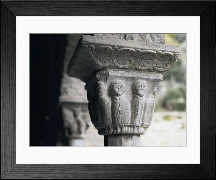 Framed Print : Monastery of Sant Mart del Canig. Cloister. 11th c. - 13th c. FRANCE. Casteil. Abbey of Sant Mart del Canig. Cloister capital with profane scene. Romanesque art. Relief on marble Framed Print : Monastery of Sant Mart del Canig. Cloister. 11th c. - 13th c. FRANCE. Casteil. Abbey of Sant Mart del Canig. Cloister capital with profane scene. Romanesque art. Relief on marble