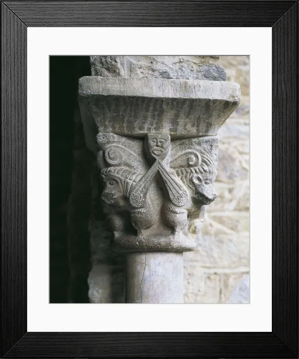 Framed Print : Monastery of Sant Mart del Canig. Cloister. 11th c. - 13th c. FRANCE. Casteil. Abbey of Sant Mart del Canig. Cloister capital with profane scene. Romanesque art. Relief on marble