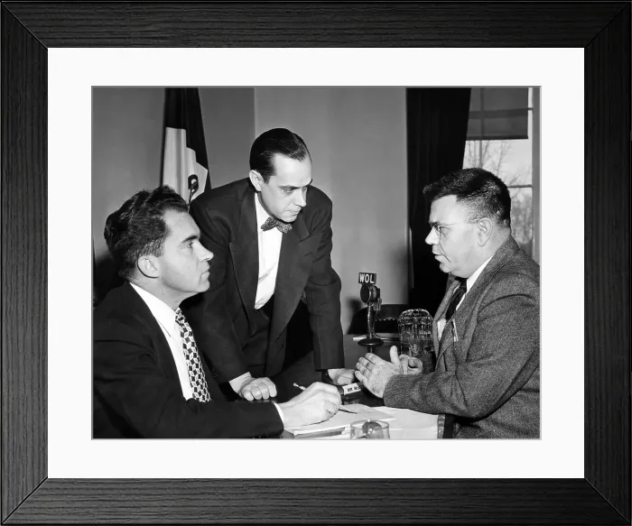 Framed Print : House Un-American Activities Committee at work. L-R: Richard Nixon; Robert Stripling, Chief Investigator; and Dr. Edward Condon, American nuclear physicist