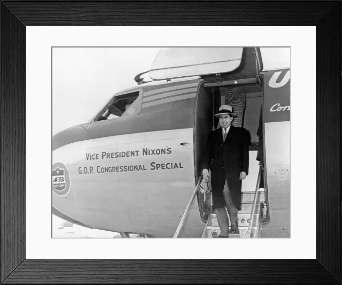 Framed Print : Vice President Richard Nixon exits his plane during the 1956 election campaign