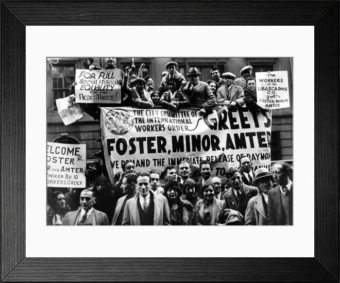 Framed Print : Communist mass meeting in New York City. A truck and individuals display signs welcoming leaders Israel Amter and William Poster after their release from jail