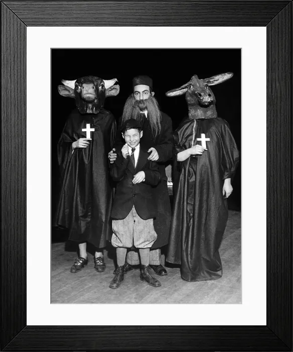 Framed Print : Young Communists stage an anti-religion tableau. Young Pioneers dress in costumes mocking religion