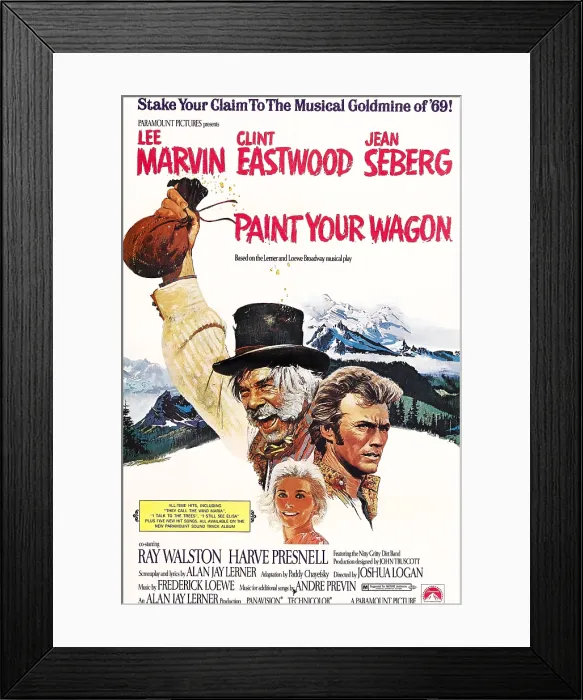 Framed Print : PAINT YOUR WAGON, clockwise from left: Lee Marvin, Clint Eastwood, Jean Seberg on poster art, 1969 Framed Print : PAINT YOUR WAGON, clockwise from left: Lee Marvin, Clint Eastwood, Jean Seberg on poster art, 1969
