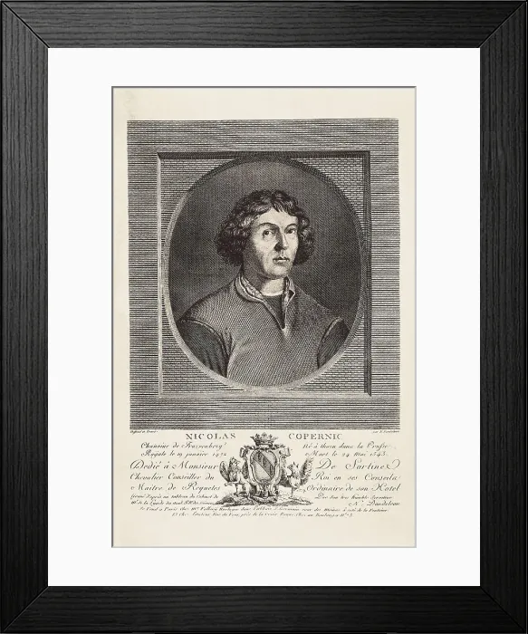 Framed Print : COPERNICUS, Nicolaus (1473-1543). 'De Revolutionibus Orbium Coelestium'. Portrait of Copernicus. Etching. SPAIN. Barcelona