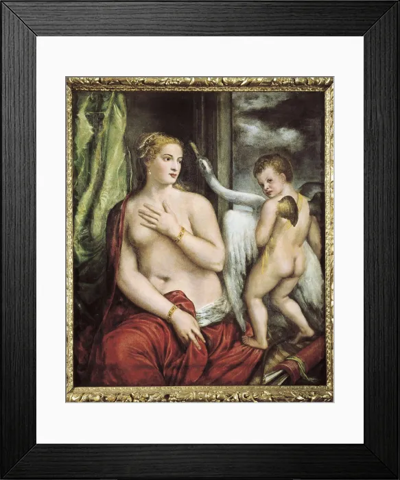 Framed Print : TTITIA, Tiziano Vecello, also called (1490-1576). Leda and the Swan. Renaissance art. Cinquecento. Venetian school. Oil on canvas. ITALY. Turin