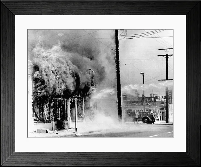 Framed Print : Fire on a block during the 4th day of the 1965 Watts Riots Framed Print : Fire on a block during the 4th day of the 1965 Watts Riots