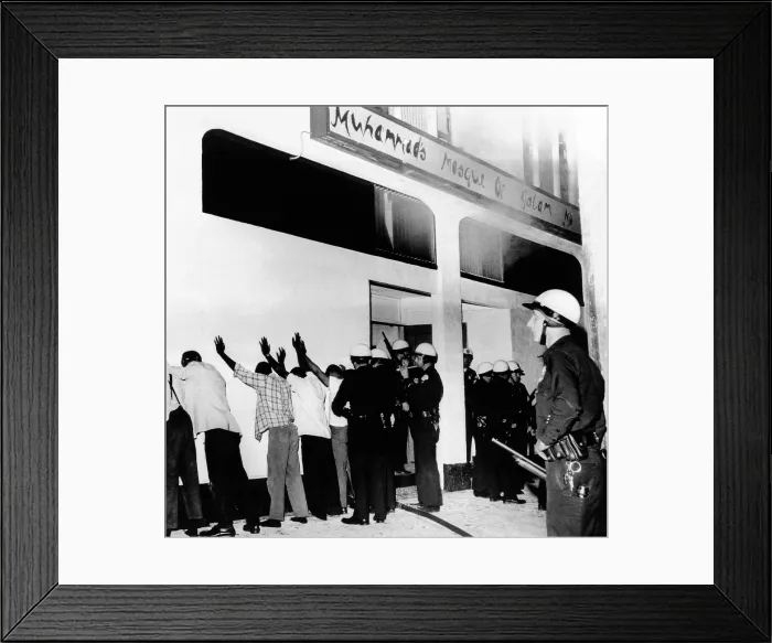 Framed Print : Police officers line up African Americans at an Black Muslim Mosque Framed Print : Police officers line up African Americans at an Black Muslim Mosque