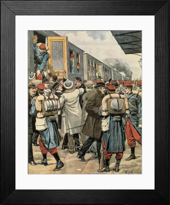 Framed Print : France (1901). Departure from Paris of French soldiers posted to Algiers. Picture by Achille Beltrame for 'La Domenica del Corriere'. Etching