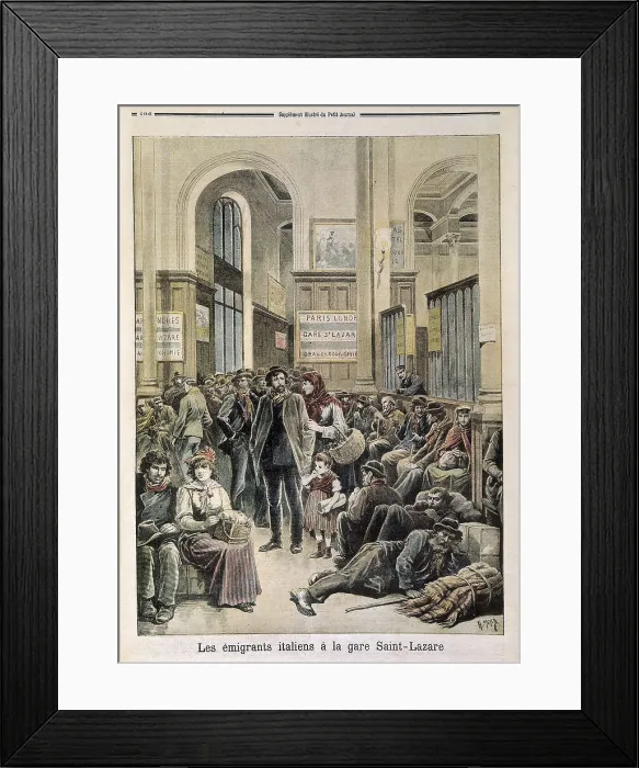 Framed Print : France. Italian emigrants in the train station of Saint-Lazare in Pars. 'Le Petit Journal'. Engraving. FRANCE. Paris. National Library Framed Print : France. Italian emigrants in the train station of Saint-Lazare in Pars. 'Le Petit Journal'. Engraving. FRANCE. Paris. National Library