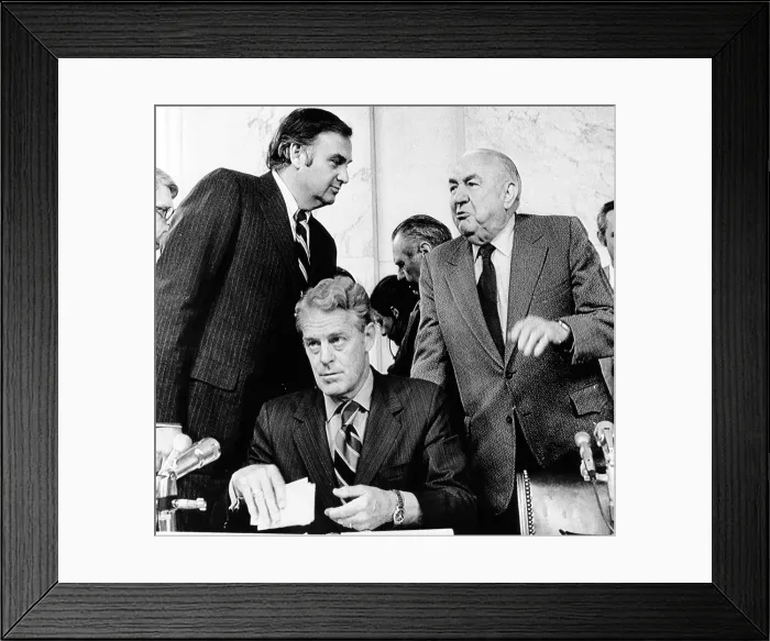 Framed Print : Senate Watergate Committee. Members of the committee about to start proceedings. L-R: Lowell Weicker; Edward Gurney; and Sam Ervin. May 18, 1973