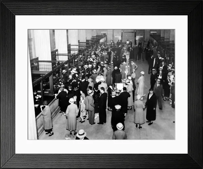 Framed Print : Crowds in the lobby of a Detroit Bank. New National Bank opened in Detroit, formed by Capital Subscribed by General Motors Corp and the Reconstruction Finance Corporation