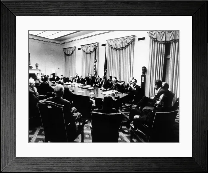 Framed Print : Secret White House meeting about resuming the bombing of North Vietnam. Jan 29, 1966