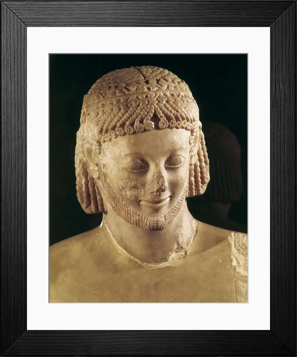 Framed Print : Head of a Horseman. ca. 550 BC. Rampin Horseman. Detail of the head. Archaic Greek art. Sculpture on marble. FRANCE. Paris. Louvre Museum. Proc: GREECE. Athens. Acropolis