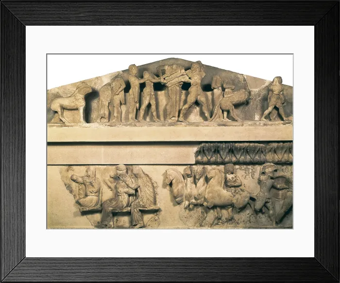 Framed Print : Pediment and frieze from the treasury of the Siphnians. ca. 525 BC. On the pediment, representation of the disputre between Apollo and Heracles for the Delphi Tripod Framed Print : Pediment and frieze from the treasury of the Siphnians. ca. 525 BC. On the pediment, representation of the disputre between Apollo and Heracles for the Delphi Tripod