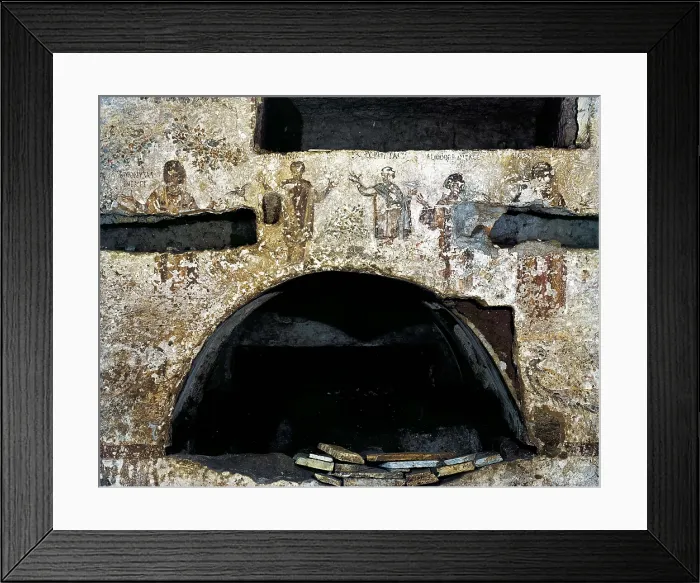 Framed Print : Catacombs of Saint Calixtus. ITALY. Rome. Catacombs of Saint Calixtus. Detail of the room of the five saints. Paleo-christian art. Architecture; Fresco Framed Print : Catacombs of Saint Calixtus. ITALY. Rome. Catacombs of Saint Calixtus. Detail of the room of the five saints. Paleo-christian art. Architecture; Fresco