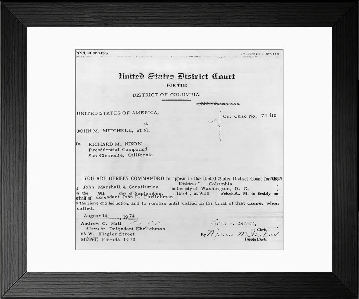 Framed Print : Subpoena for President Nixon to appear as a witness in court to testify on behalf of defendant John D. Ehrlichman. August 14, 1974. (CSU_ALPHA_639) CSU Archives / Everett Collection Framed Print : Subpoena for President Nixon to appear as a witness in court to testify on behalf of defendant John D. Ehrlichman. August 14, 1974. (CSU_ALPHA_639) CSU Archives / Everett Collection