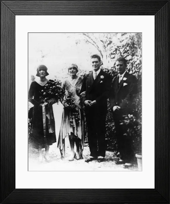 Framed Print : Gene Tunney and wife Polly Lauder Tunney on their wedding day at the Hotel Russie, Rome. Oct. 3, 1928. At right is Dr. Carnos Weekes, the best man