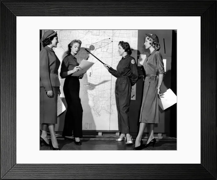 Framed Print : Models exhibit the new blue uniforms for women volunteers in Federal Civil Defense Agency (FCDA) Framed Print : Models exhibit the new blue uniforms for women volunteers in Federal Civil Defense Agency (FCDA)