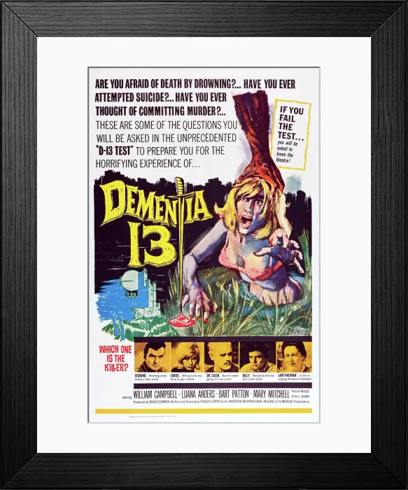 Framed Print : DEMENTIA 13, US poster art, William Campbell, Luana Anders, Patrick Magee, Bart Patton, Eithne Dunne, 1963