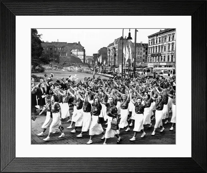 Framed Print : 15, 000 East German teenage girls parade through the Soviet sector of Berlin. They marched for the Day of Progressive Woman celebration