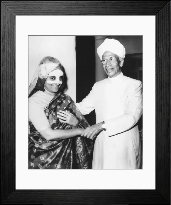 Framed Print : Prime Minister Indira Gandhi, her nose heavily bandaged, recuperating at her home. India's President, Dr. Sarvepalli Radhakrishnan, visited her on Feb. 13, 1967. Mrs