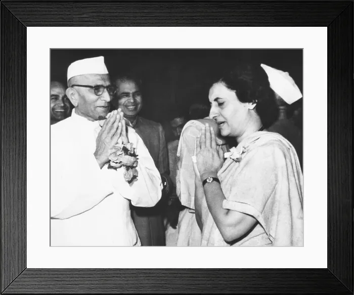 Framed Print : Re-elected Prime Minister Indira Gandhi with her Deputy Prime Minister, Morarji Desai. March 20, 1967 Framed Print : Re-elected Prime Minister Indira Gandhi with her Deputy Prime Minister, Morarji Desai. March 20, 1967