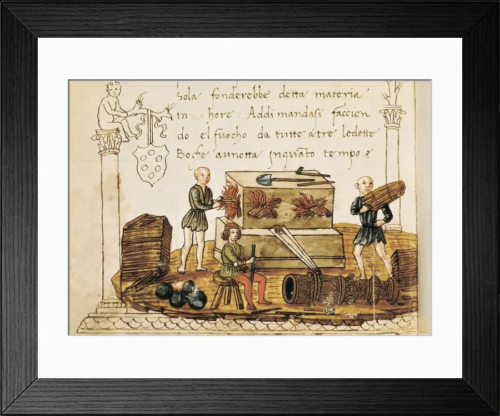Framed Print : Foundry. Picture of the Treatise on Arithmetics by Filippo Calandri, incunabulum published in Florence in 1491. Renaissance art. Miniature Painting. ITALY. Florence Framed Print : Foundry. Picture of the Treatise on Arithmetics by Filippo Calandri, incunabulum published in Florence in 1491. Renaissance art. Miniature Painting. ITALY. Florence