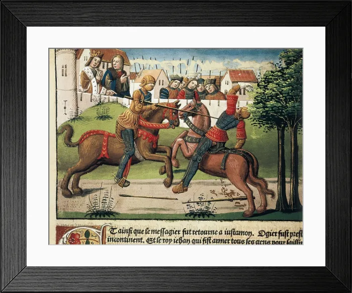 Framed Print : Tournament. Miniature of 'Ogier le Danois', by Antoine Verard (Paris, 1498). Gothic art. Miniature Painting. ITALY. Turin. National Library of the Turin University Framed Print : Tournament. Miniature of 'Ogier le Danois', by Antoine Verard (Paris, 1498). Gothic art. Miniature Painting. ITALY. Turin. National Library of the Turin University