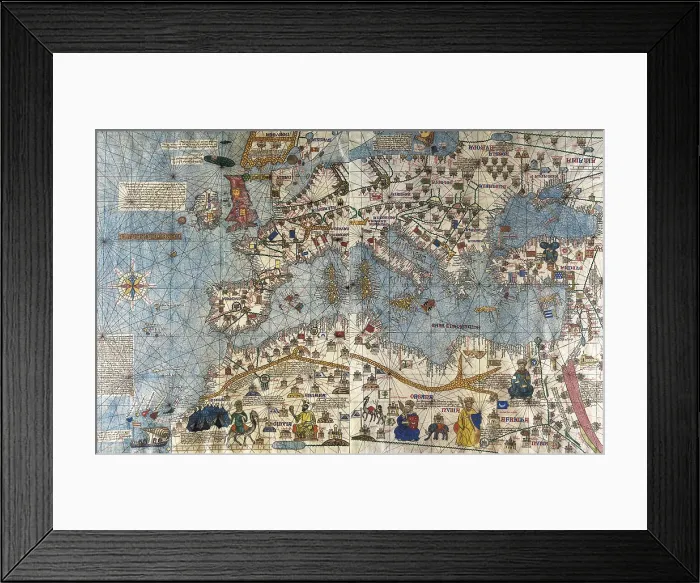 Framed Print : CRESQUES, Jafuda (1350-1410); CRESQUES, Abraham ( -1381). Catalan Atlas. 1375. Mediterranean Sea, Europe and Northern Africa. SPAIN. Madrid. Navy Museum