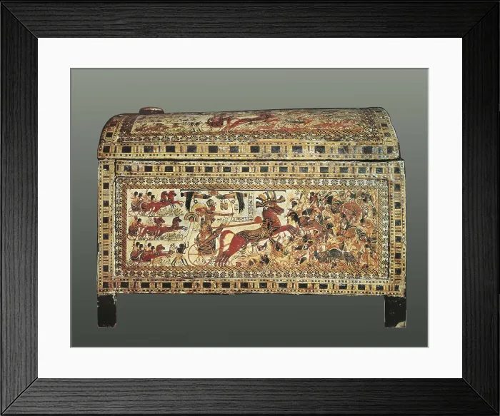 Framed Print : Painted chest depicting a king on his chariot attacking an enemy. ca. 1340 BC. Found at the Treasure of Tutankhamun. Painted wood. Small chest for sandals. Egyptian art