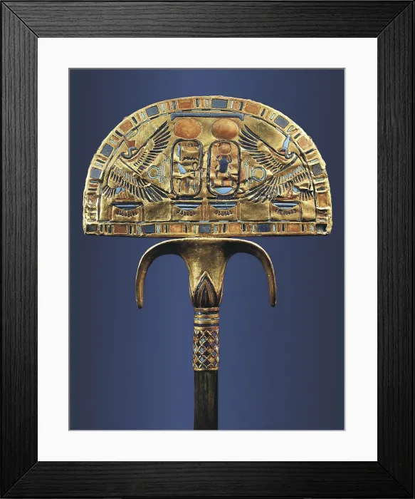 Framed Print : Gold fan. 1333 BC. Originally it was crowned with ostrich feathers. Treasure of Tutankhamun. Gold, lapis lazuli and precious stones. Egyptian art. New Kingdom. Jewelry. EGYPT