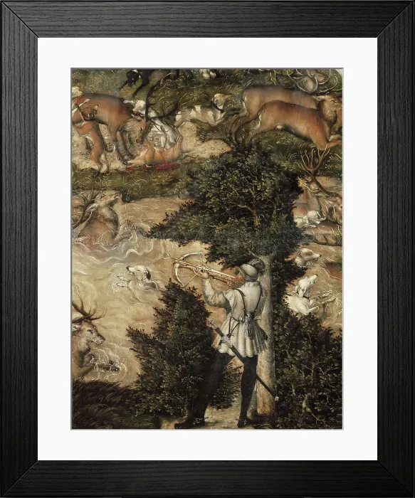 Framed Print : Cranach, Lucas, 'the Elder' (1472-1553). Hunt in Honour of Charles V at the Castle of Torgau. 1544. Central lower detail: a crossbowman. Renaissance art. Oil on wood