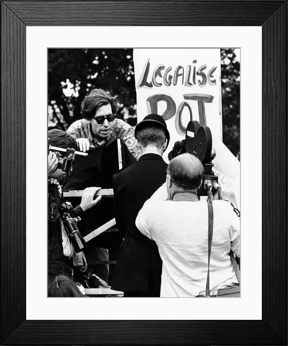 Framed Print : Legalize Pot signs in London. Police prevent some protesting hippies from entering Hyde Park