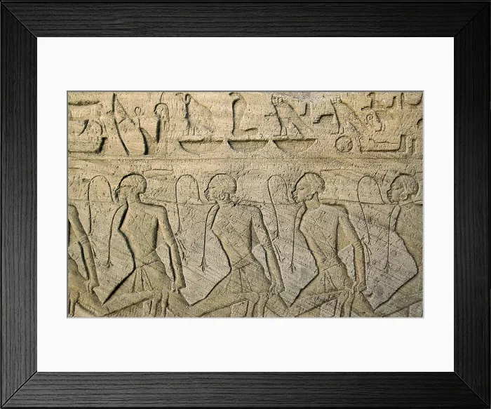 Framed Print : Great Temple of Rameses II. EGYPT. Abu Simbel. Great Temple of Rameses II. Entrance reliefs depicting the military victories of Ramses II. Prisoners. Egyptian art. New Kingdom